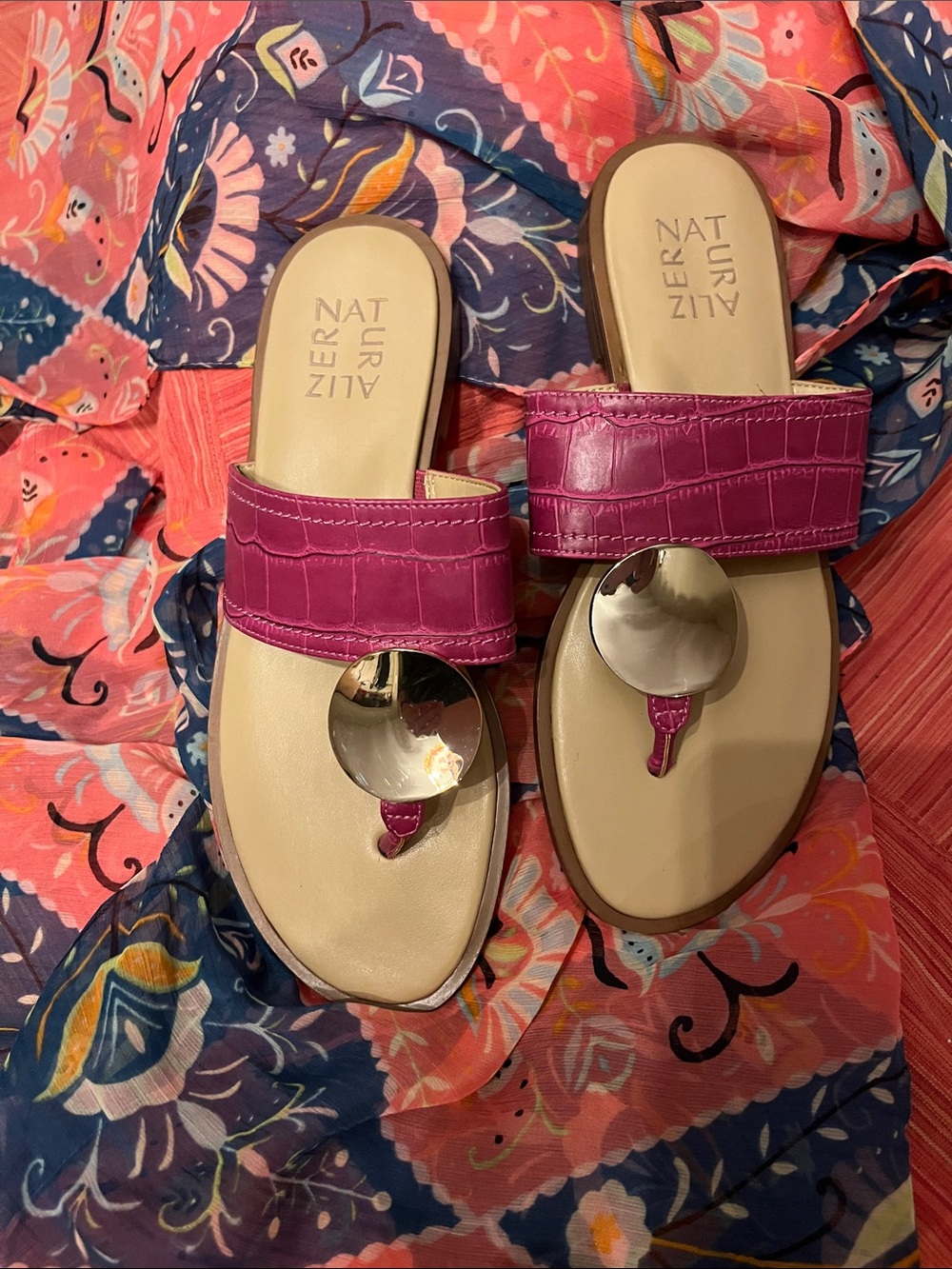 Naturalizer Fuchsia Croc-Textured Slide Sandals with Silver Accent